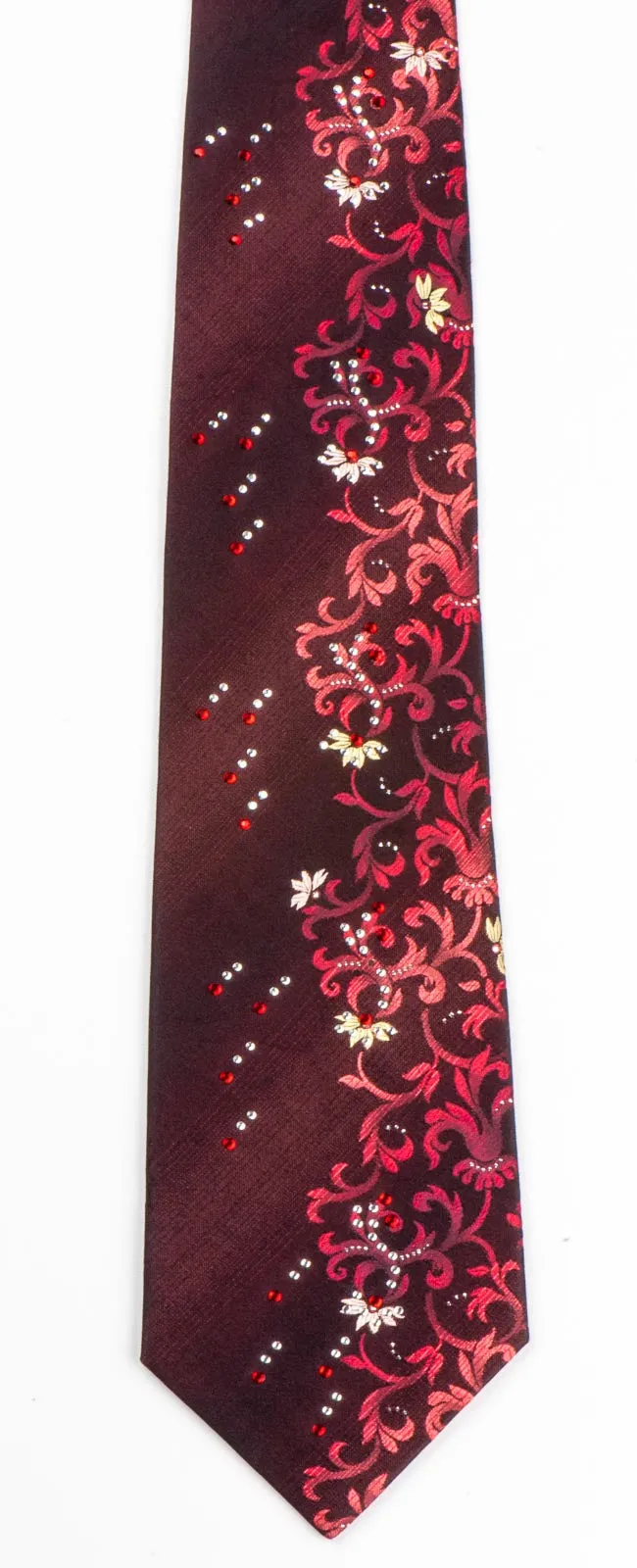 Rhinestone Tie By Grang Cia Red Floral Design On Brown Silk Classic 3 1/2 Inch