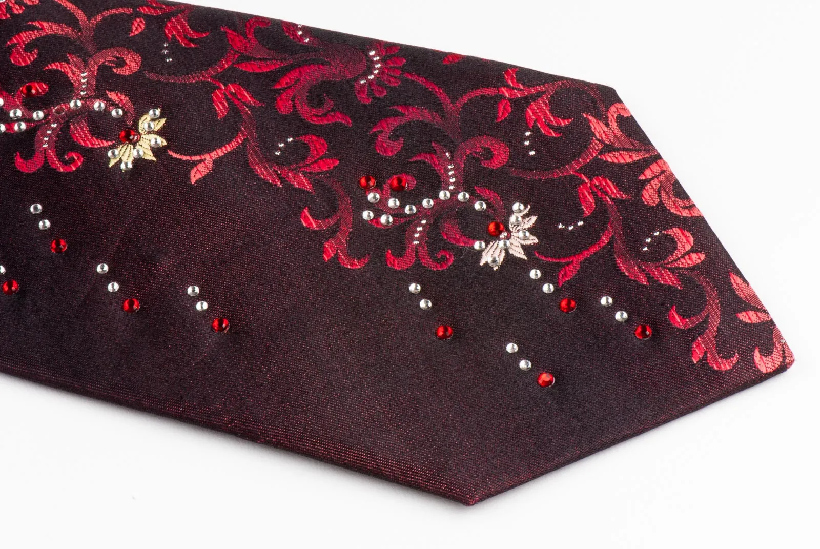 Rhinestone Tie By Grang Cia Red Floral Design On Brown Silk Classic 3 1/2 Inch