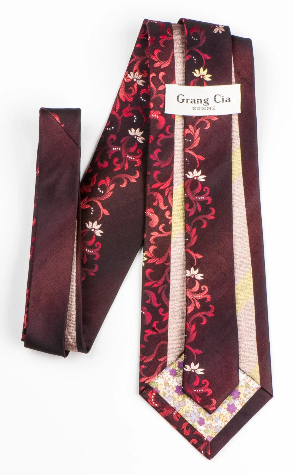 Rhinestone Tie By Grang Cia Red Floral Design On Brown Silk Classic 3 1/2 Inch