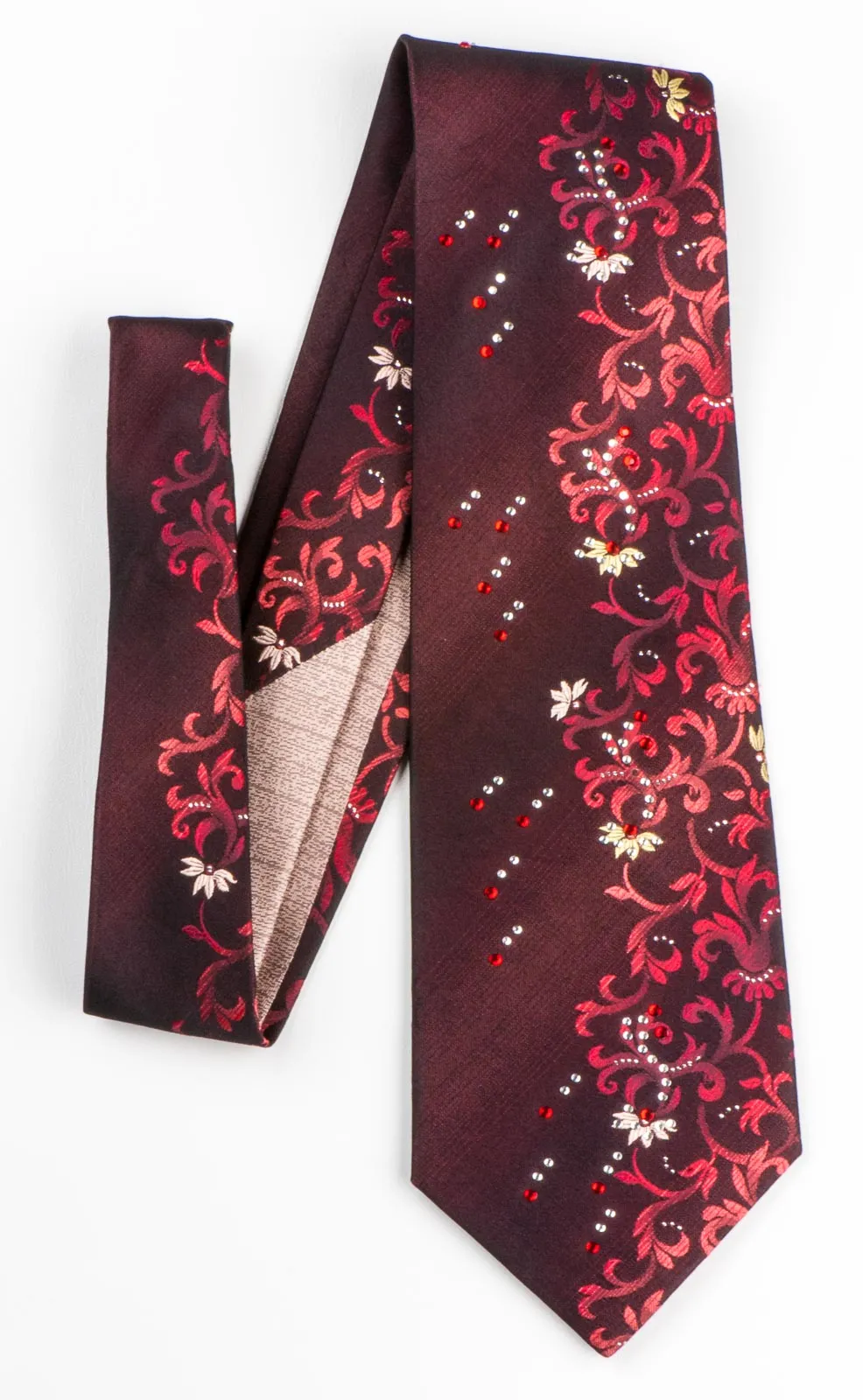 Rhinestone Tie By Grang Cia Red Floral Design On Brown Silk Classic 3 1/2 Inch
