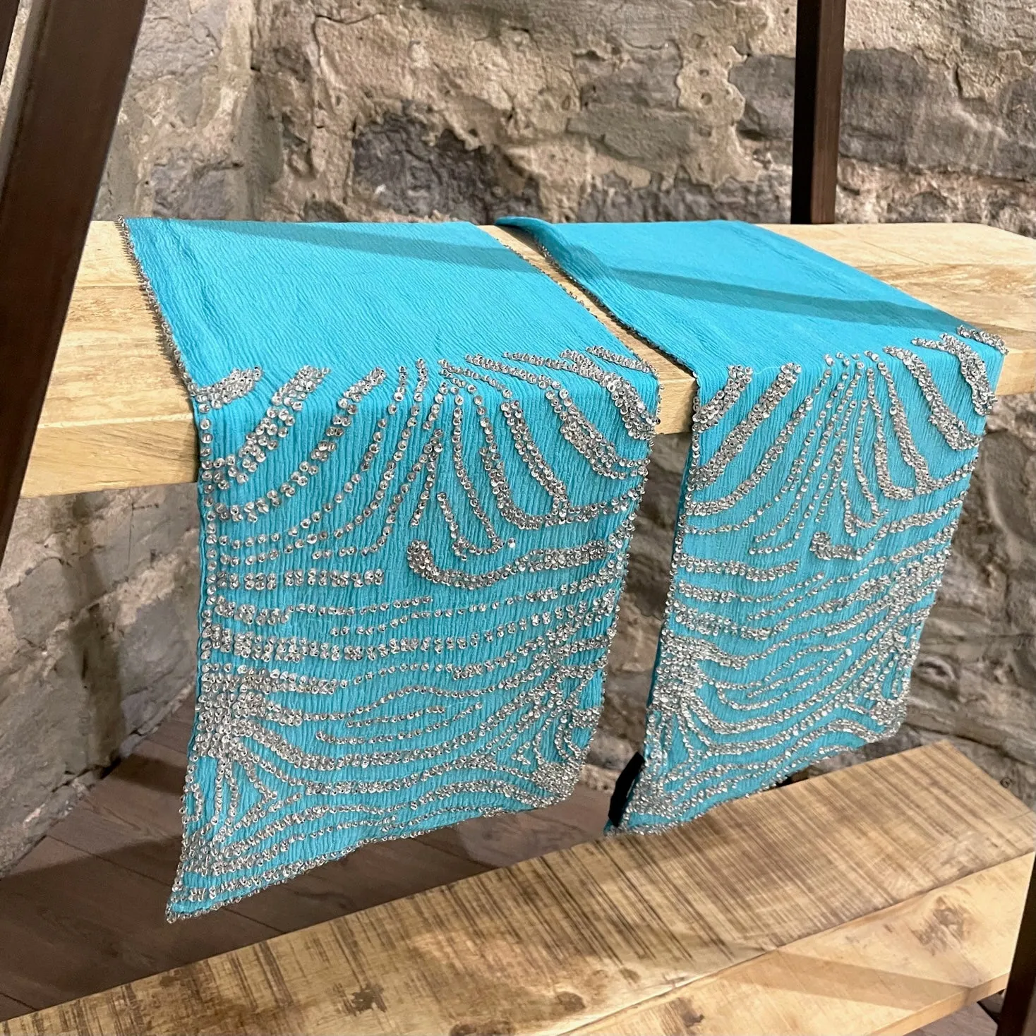 Roberto Cavalli Beaded Sequined Zebra Pattern Turquoise Silk Scarf