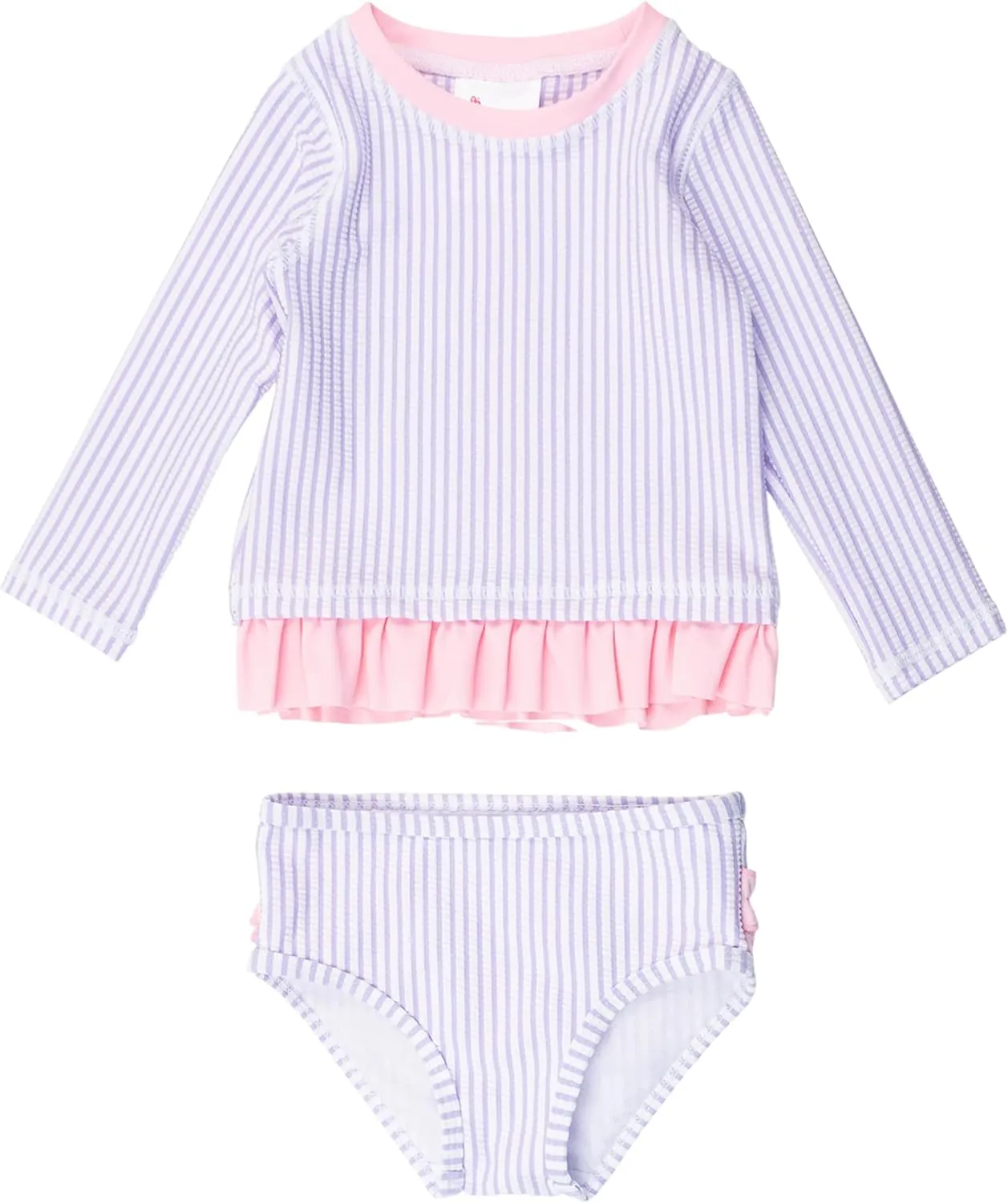 RuffleButts Baby/Toddler Girls Seersucker Long Sleeve Rash Guard Bikini