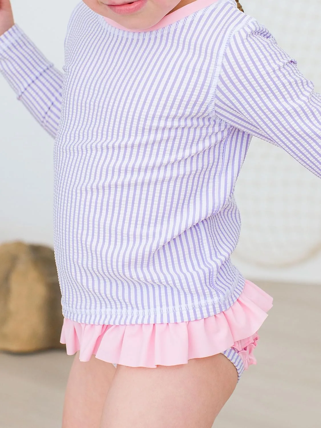 RuffleButts Baby/Toddler Girls Seersucker Long Sleeve Rash Guard Bikini