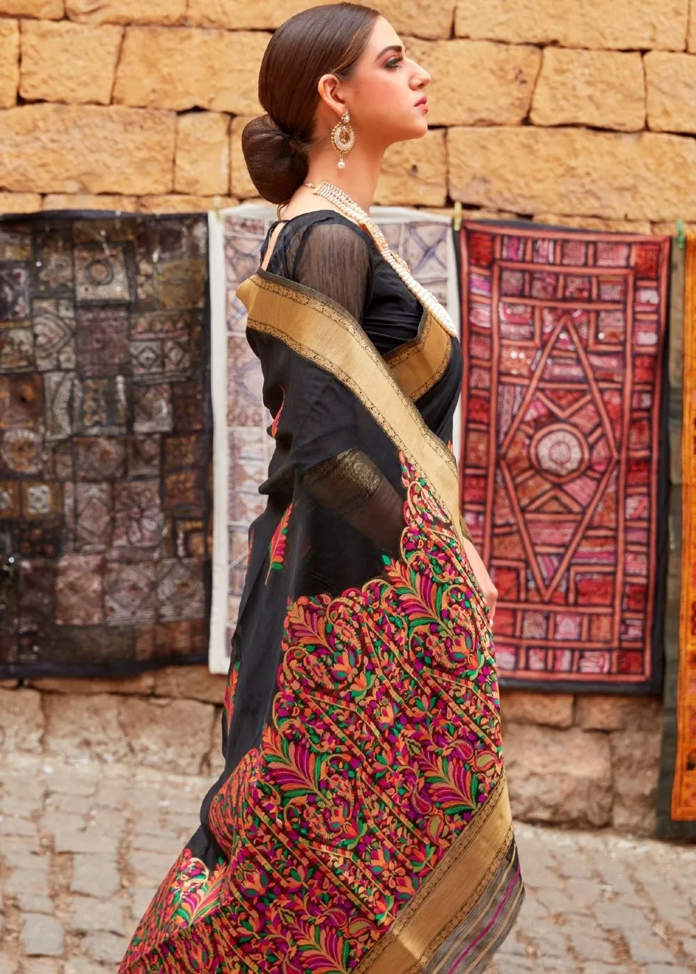 Sable Black Linen Silk Saree with Colorful Weaving work