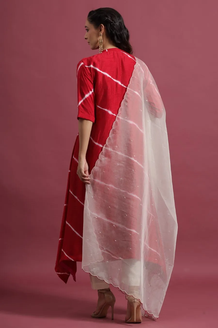 Scarlet Red Leheriya A-Line Kurta Set