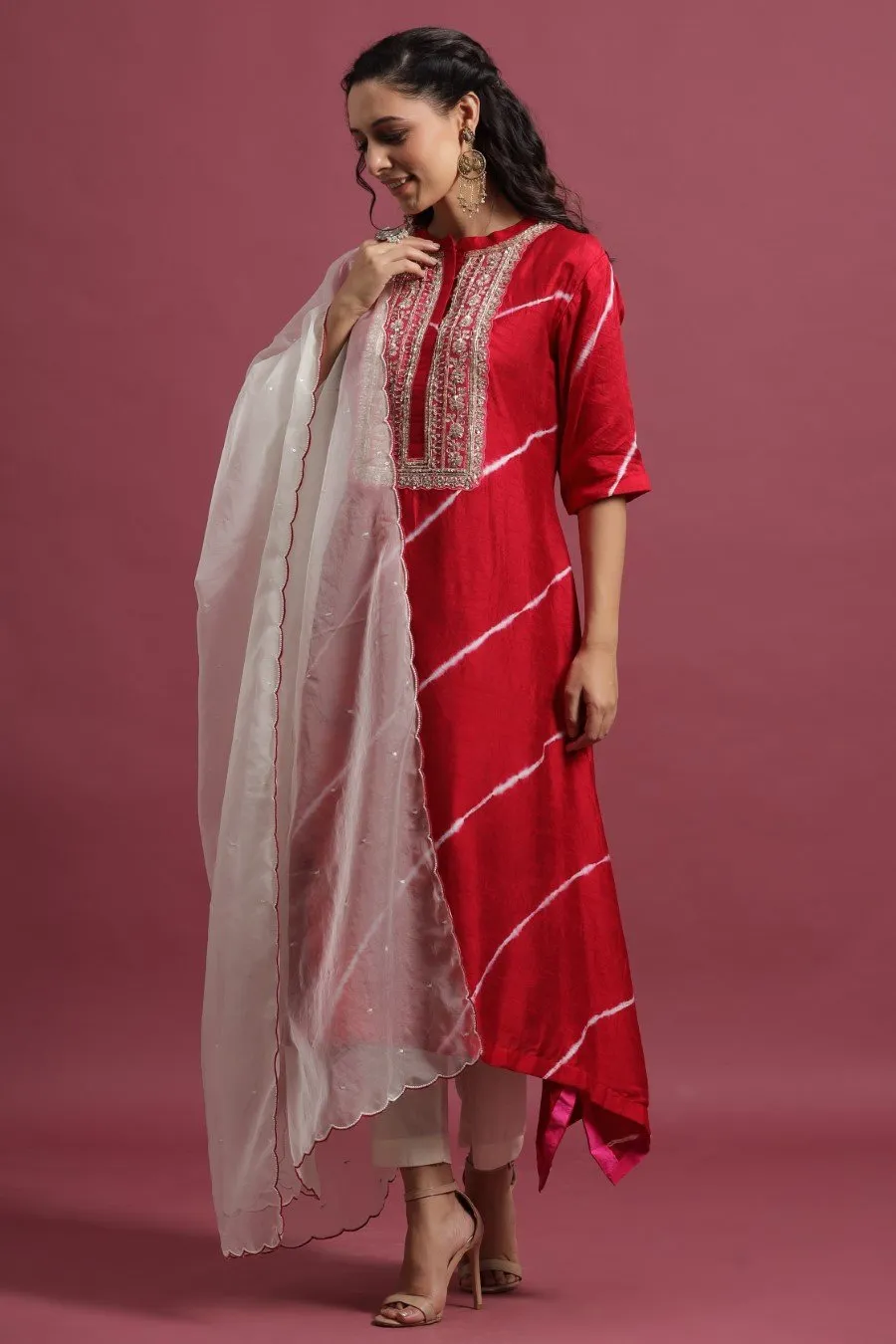 Scarlet Red Leheriya A-Line Kurta Set