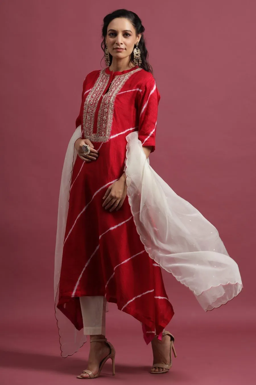 Scarlet Red Leheriya A-Line Kurta Set