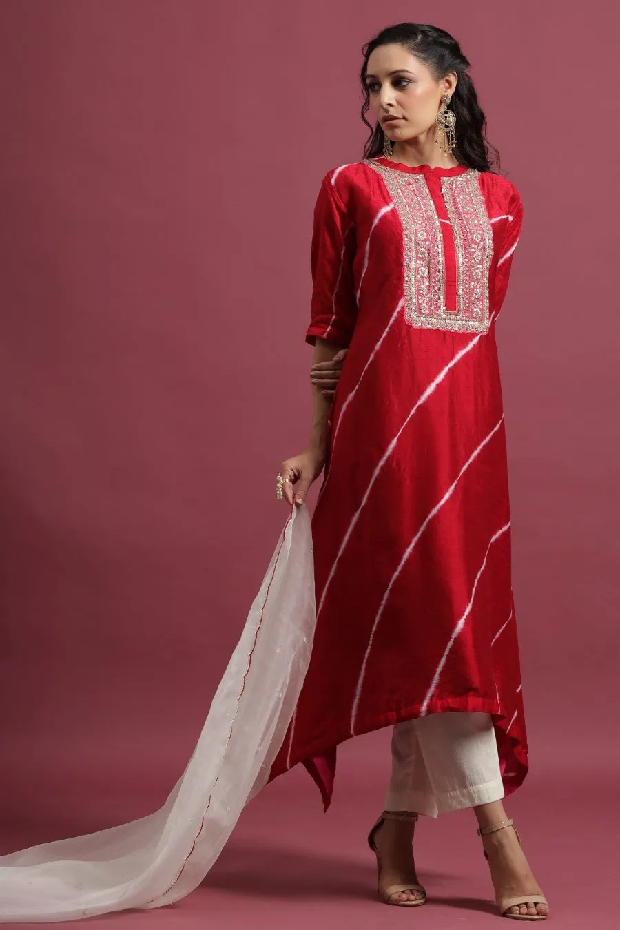 Scarlet Red Leheriya A-Line Kurta Set