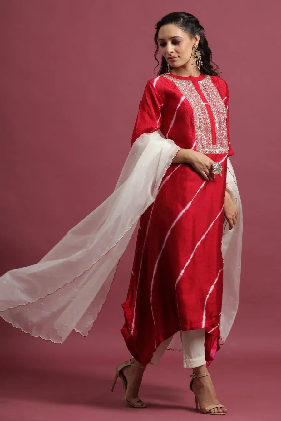 Scarlet Red Leheriya A-Line Kurta Set
