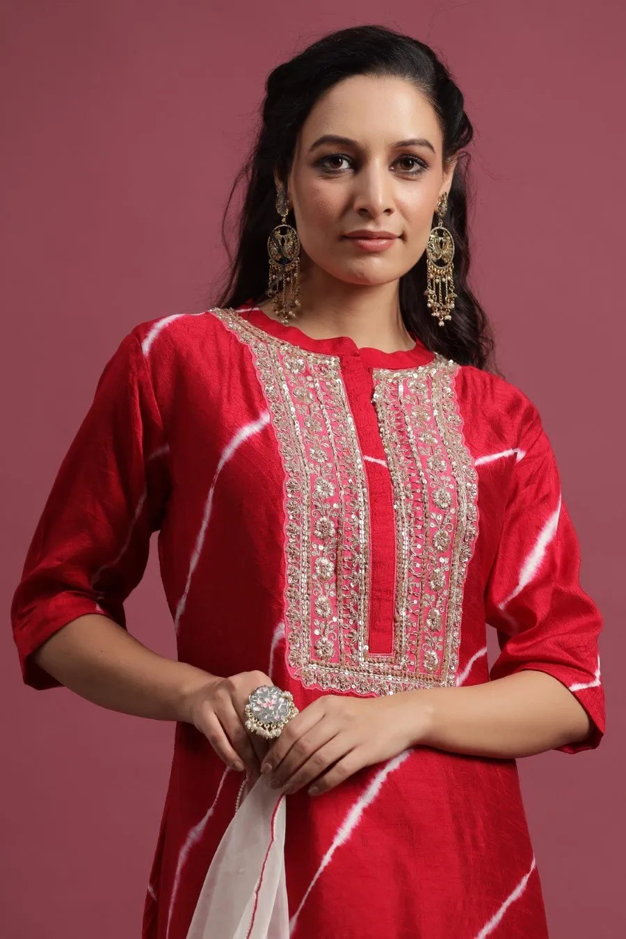 Scarlet Red Leheriya A-Line Kurta Set