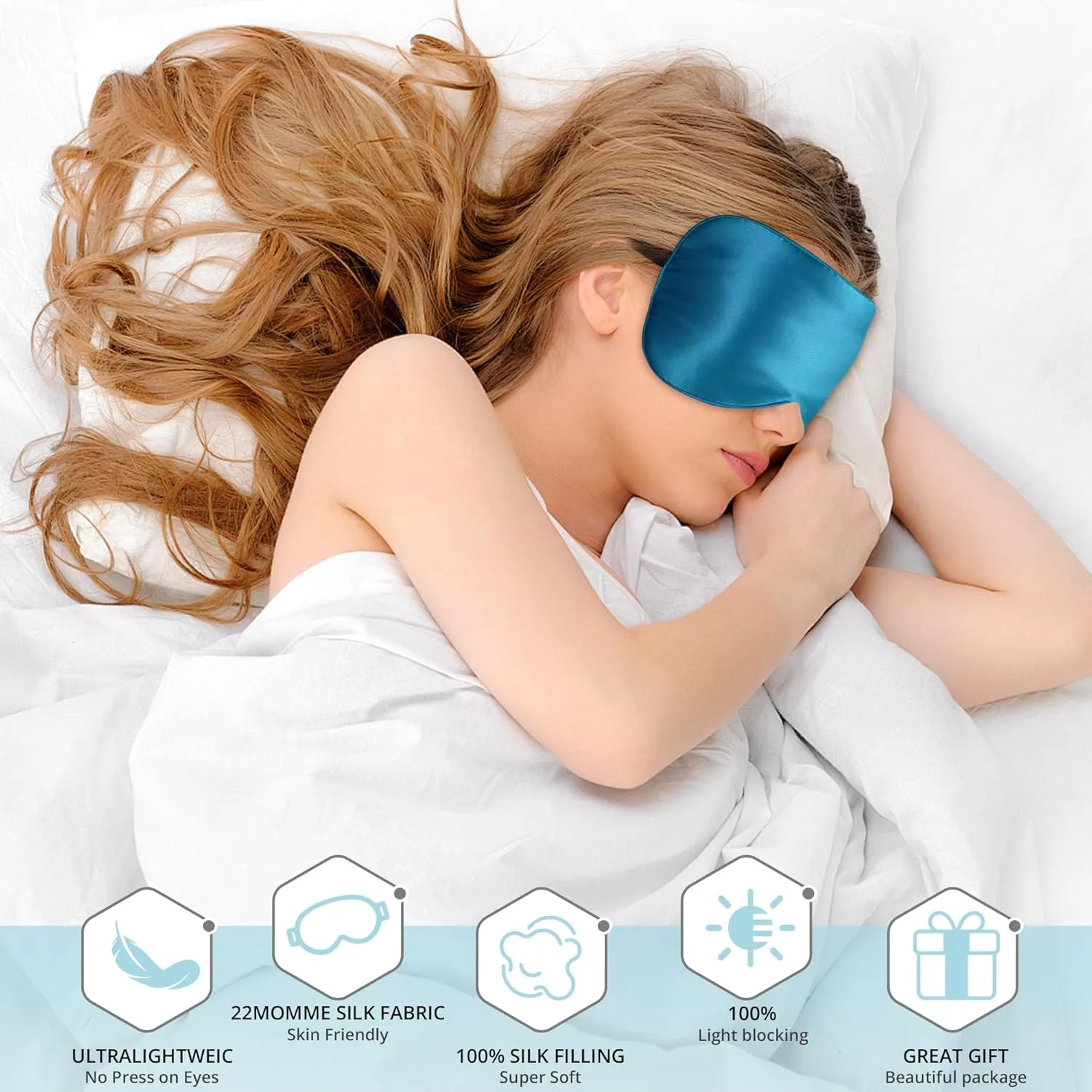 Silk Sleep Mask 100% 22 Momme Mulberry, Sleep Eye Mask for Women Men, Blackout Blindfold with Adjustable Strap, Side Sleeper Eye Cover, Soft Eyeshade Filled with Premium Mulberry Silk (Peacock Blue)