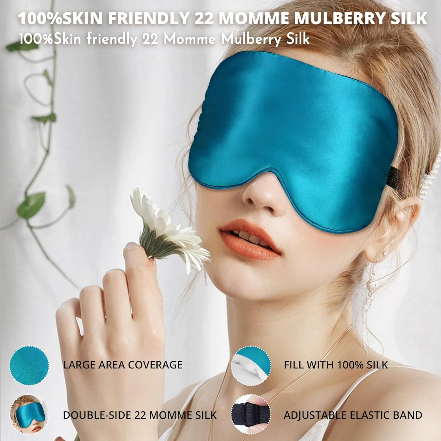 Silk Sleep Mask 100% 22 Momme Mulberry, Sleep Eye Mask for Women Men, Blackout Blindfold with Adjustable Strap, Side Sleeper Eye Cover, Soft Eyeshade Filled with Premium Mulberry Silk (Peacock Blue)