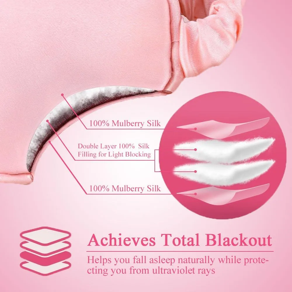 Silk Sleep Mask Eye Mask Blindfold with Double Layer Silk Filling and Elastic Strap for Full Night's Sleep, Travel and Nap, Soft Eye Cover Eyeshade with Luxury Bag and Ear Plugs by OLESILK (Pink)