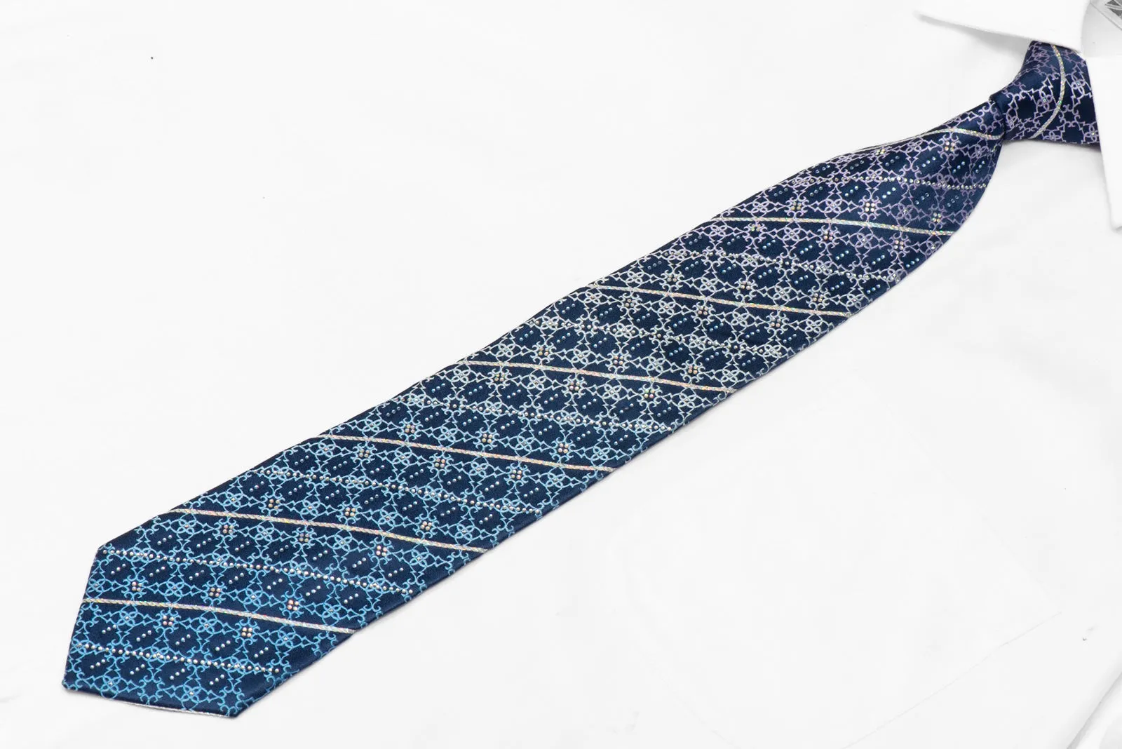 Silver Stripes & Cartouche On Dark Blue Rhinestone Silk Necktie With Sparkles