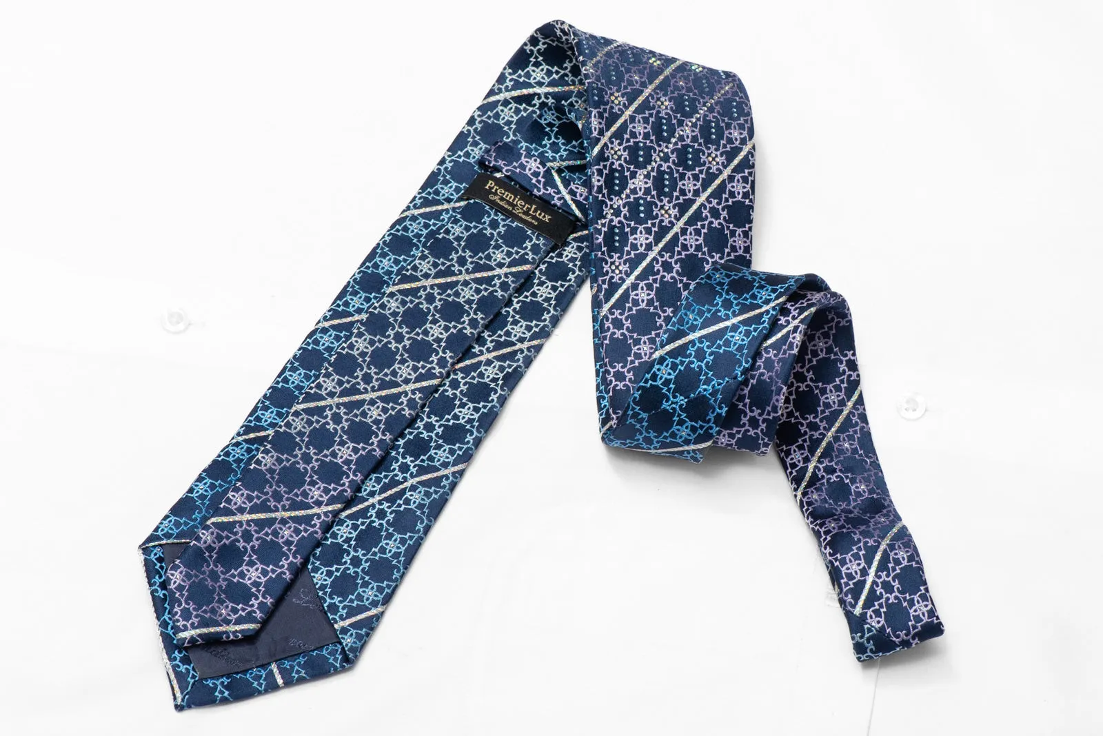 Silver Stripes & Cartouche On Dark Blue Rhinestone Silk Necktie With Sparkles