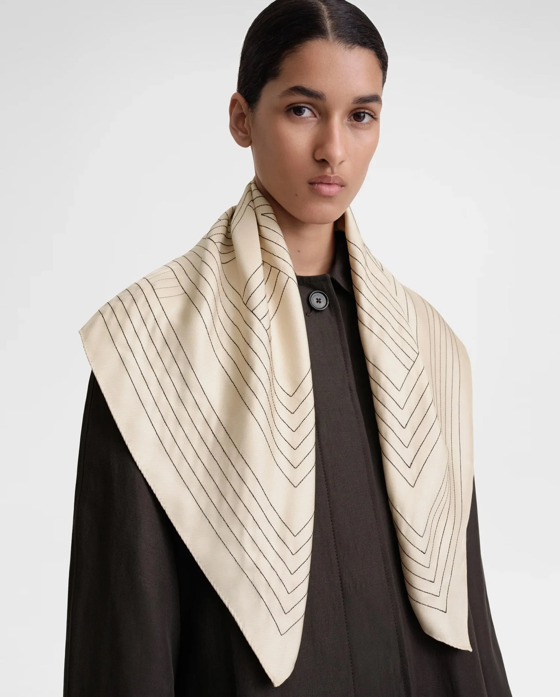 STRIPED EMBROIDERED MONOGRAM SILK SCARF / CREME