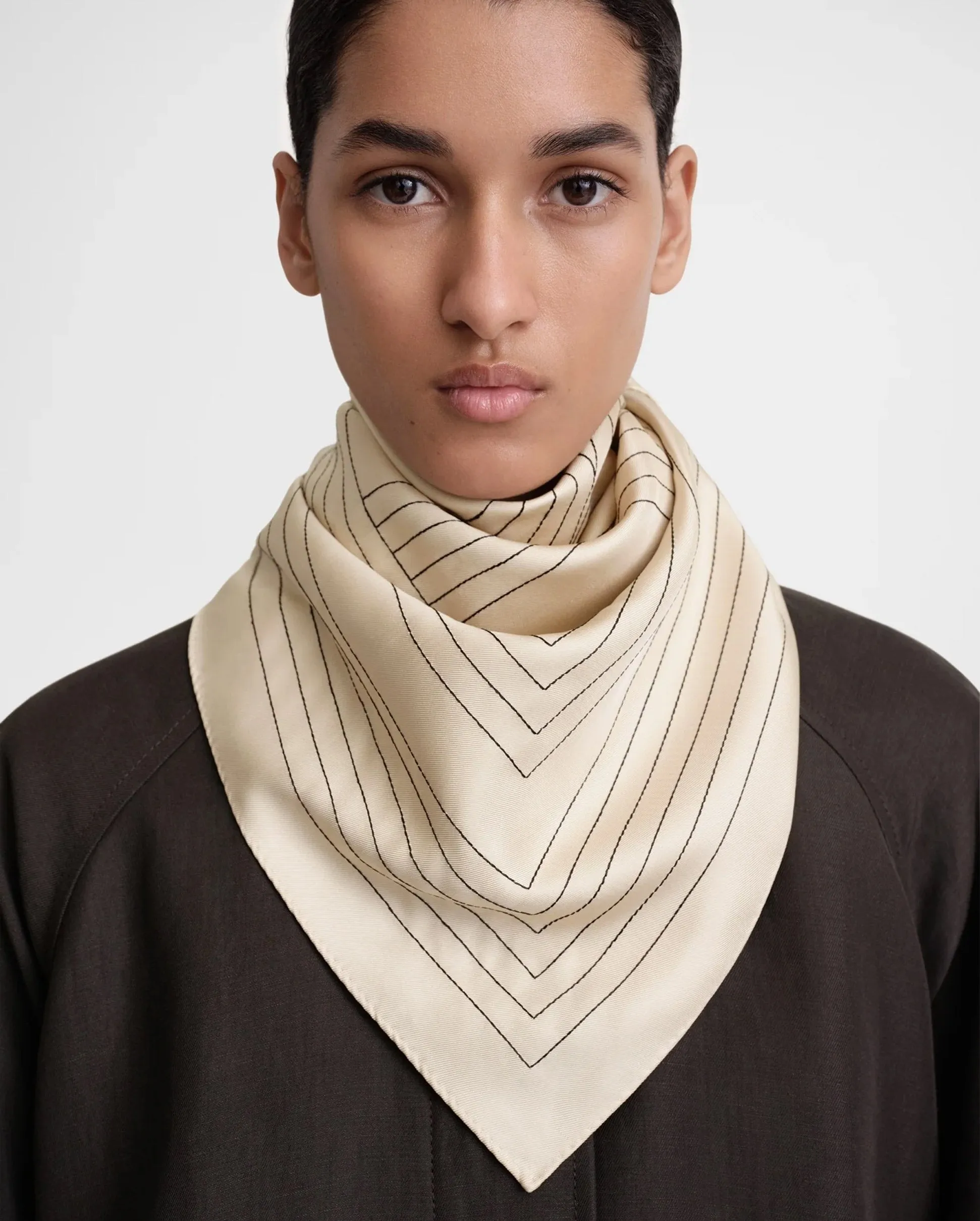 STRIPED EMBROIDERED MONOGRAM SILK SCARF / CREME