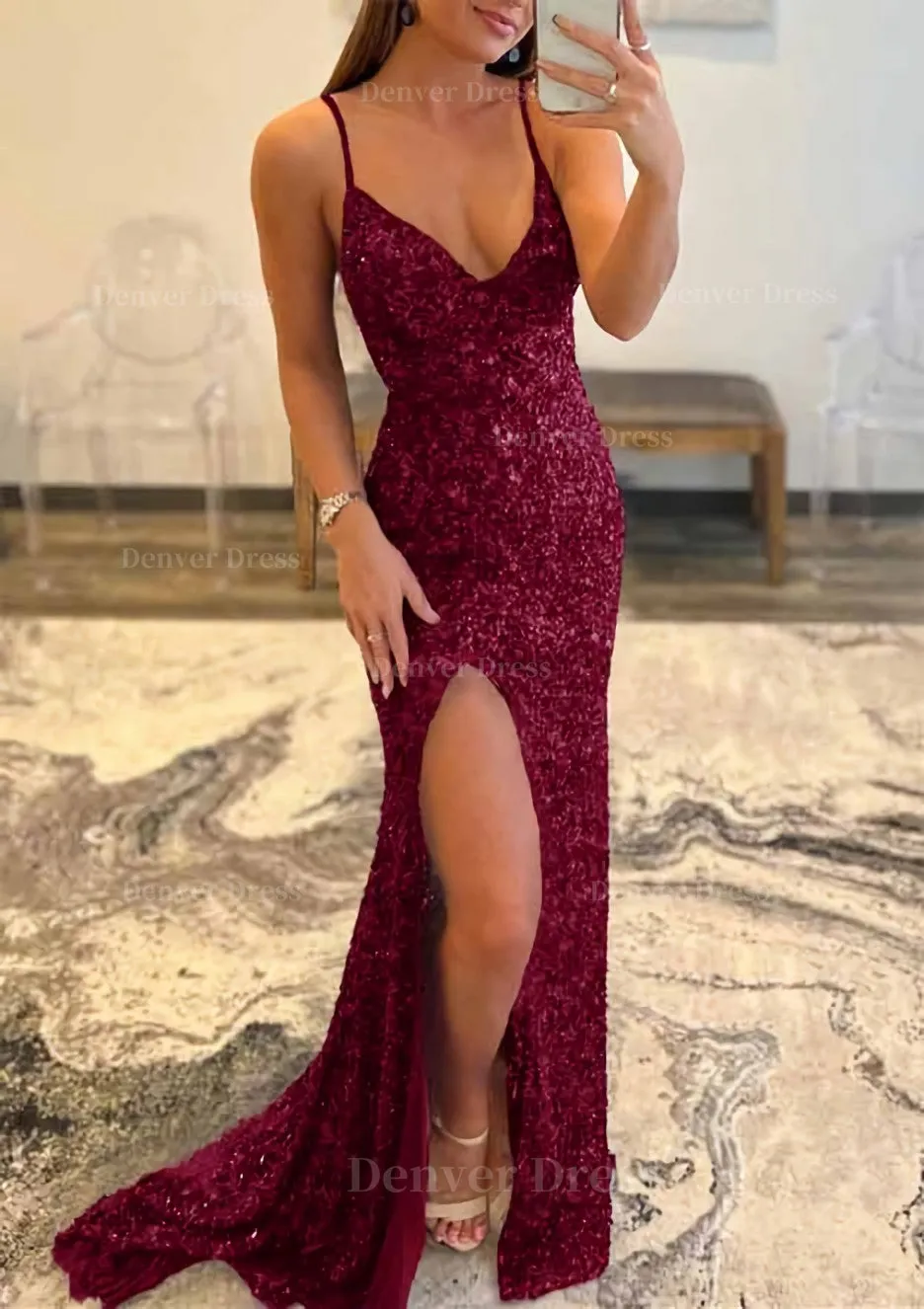Trumpet/Mermaid V Neck Sleeveless Sweep Train Allover Sparkly Sequined Prom Dress With Split