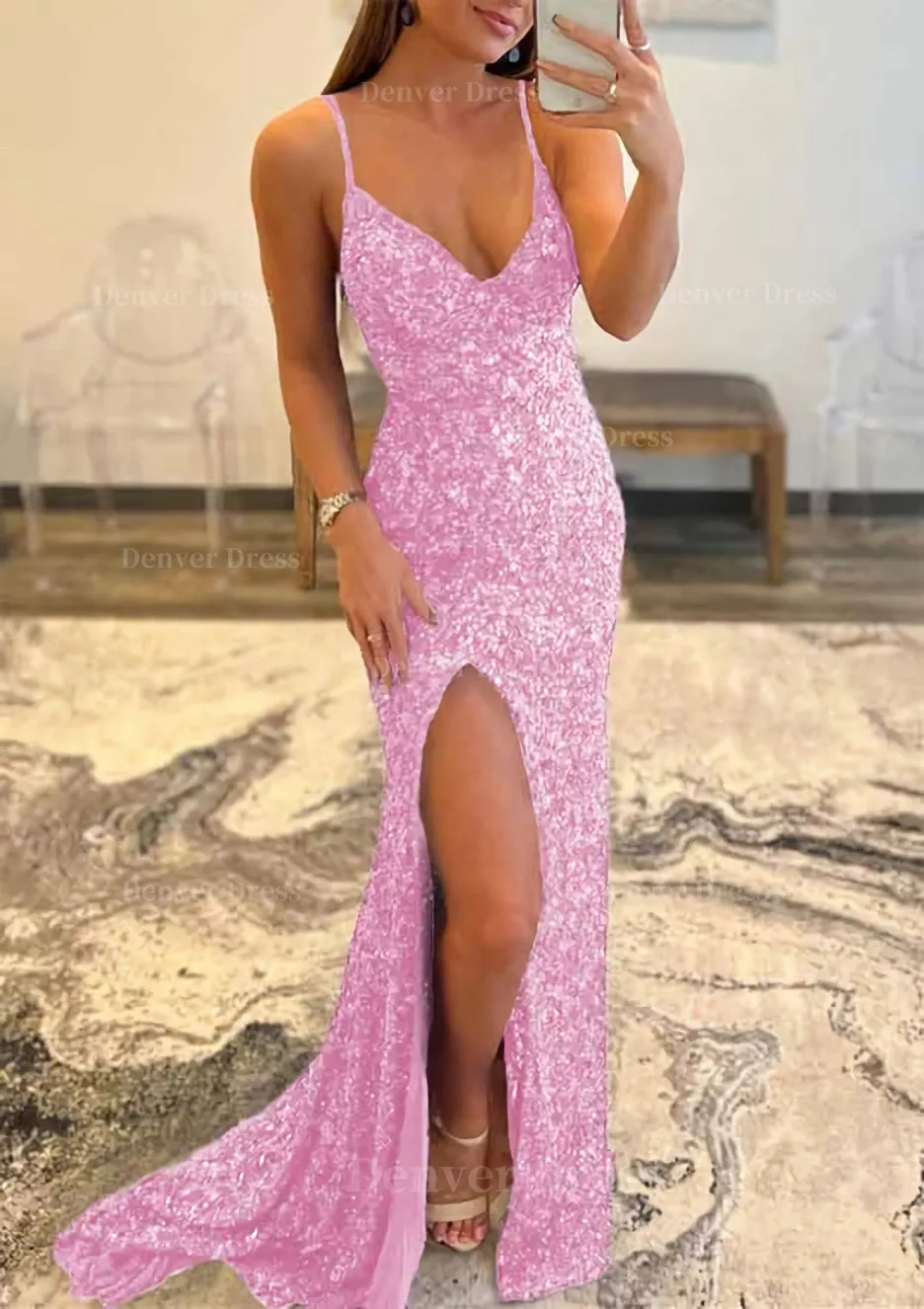 Trumpet/Mermaid V Neck Sleeveless Sweep Train Allover Sparkly Sequined Prom Dress With Split