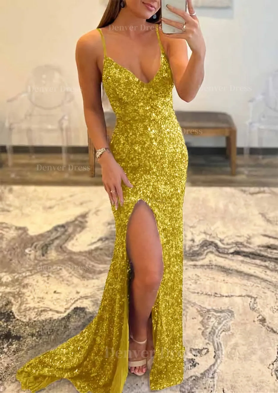 Trumpet/Mermaid V Neck Sleeveless Sweep Train Allover Sparkly Sequined Prom Dress With Split