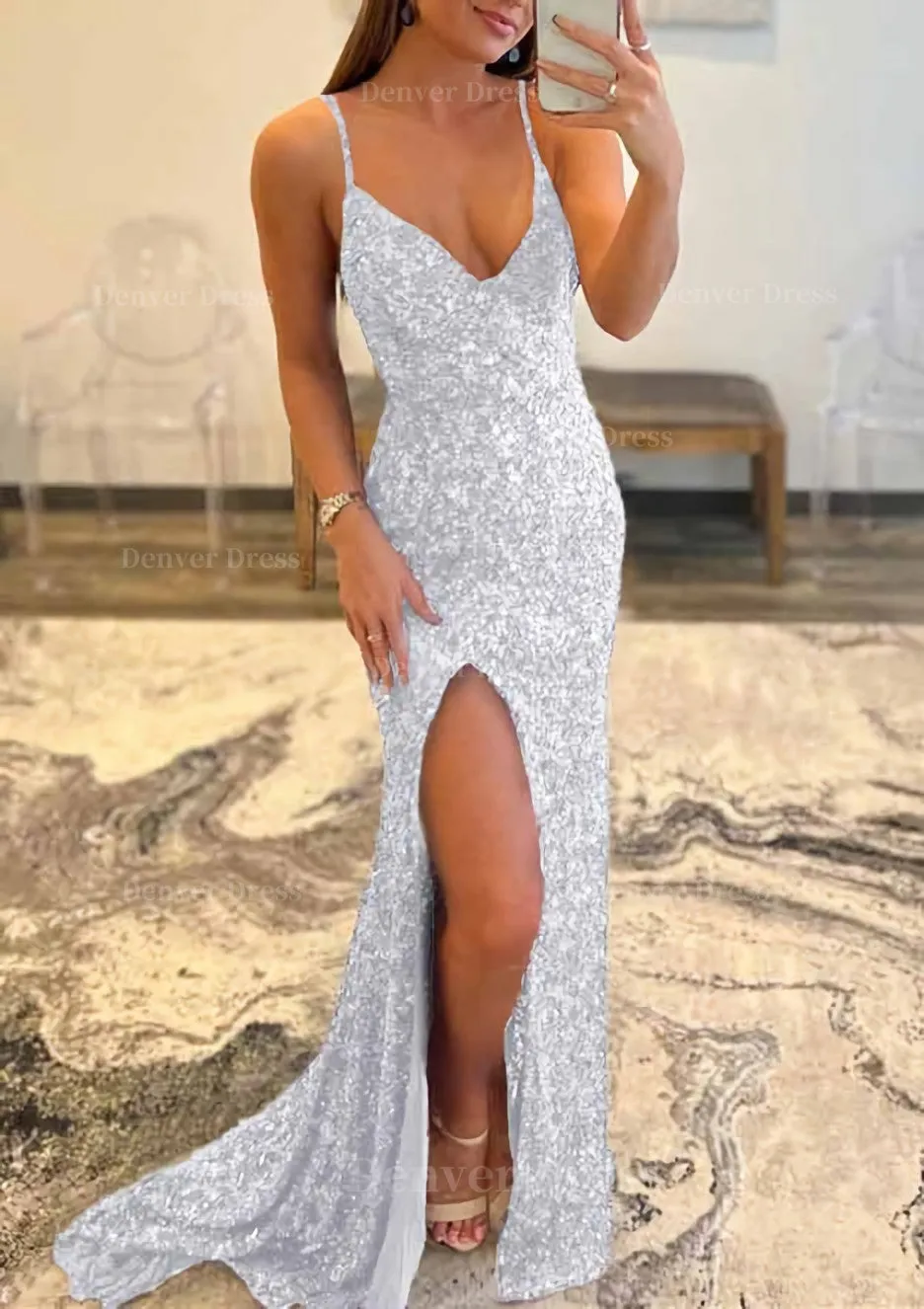 Trumpet/Mermaid V Neck Sleeveless Sweep Train Allover Sparkly Sequined Prom Dress With Split