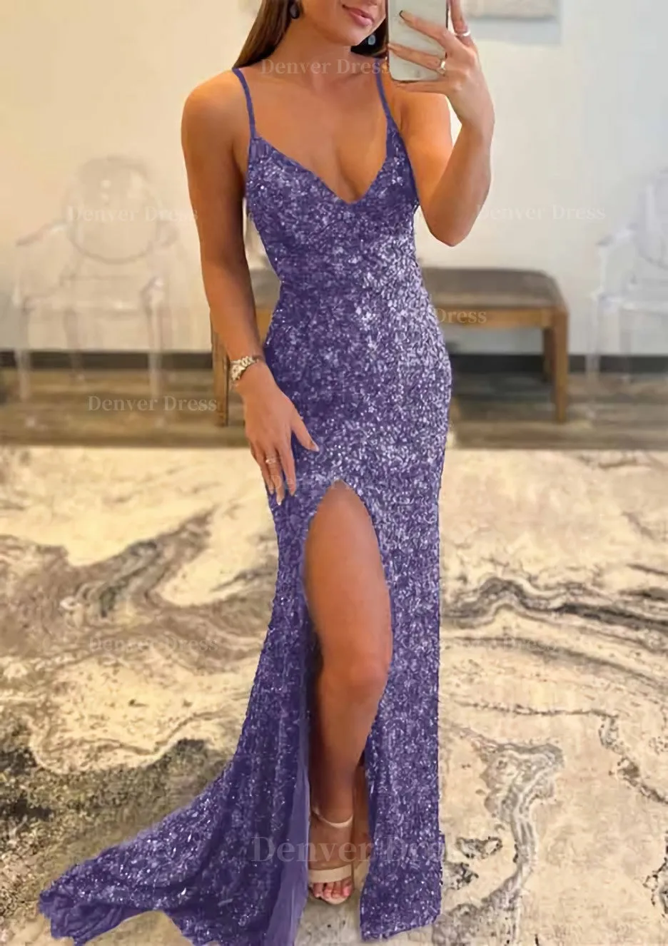 Trumpet/Mermaid V Neck Sleeveless Sweep Train Allover Sparkly Sequined Prom Dress With Split