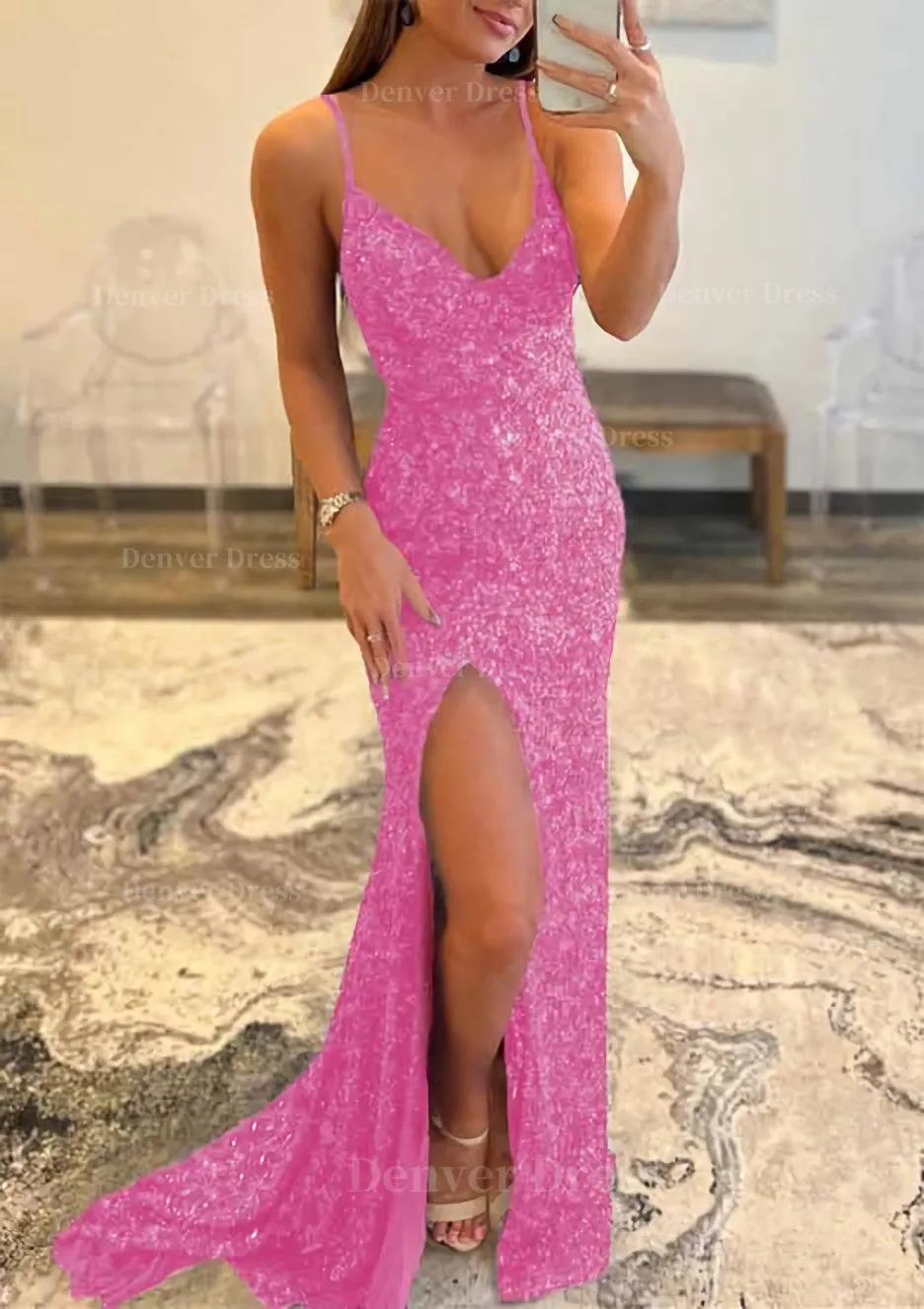 Trumpet/Mermaid V Neck Sleeveless Sweep Train Allover Sparkly Sequined Prom Dress With Split