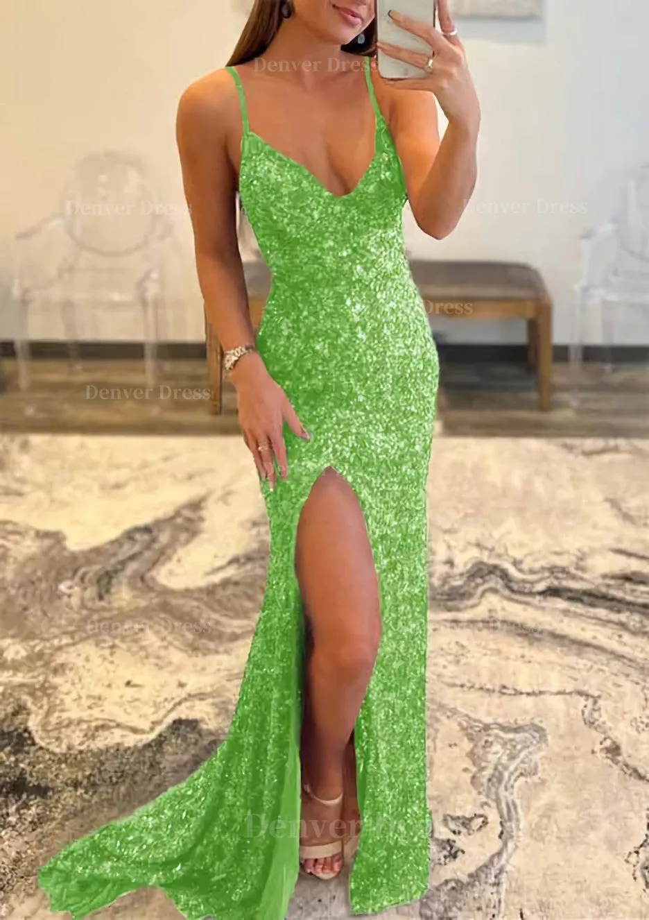 Trumpet/Mermaid V Neck Sleeveless Sweep Train Allover Sparkly Sequined Prom Dress With Split