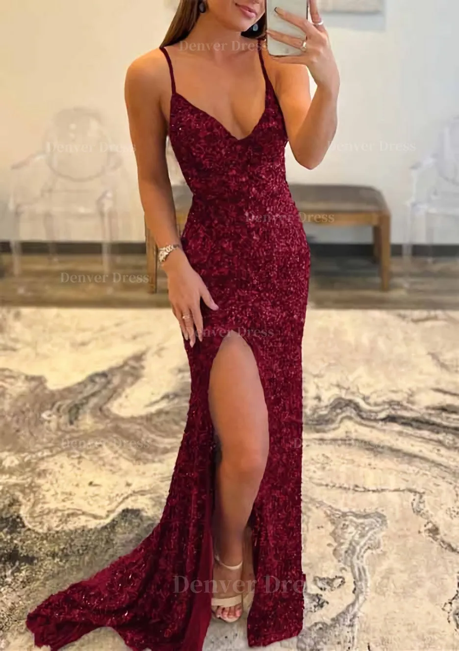 Trumpet/Mermaid V Neck Sleeveless Sweep Train Allover Sparkly Sequined Prom Dress With Split