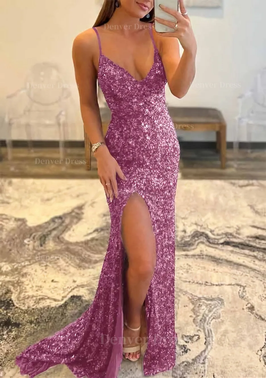 Trumpet/Mermaid V Neck Sleeveless Sweep Train Allover Sparkly Sequined Prom Dress With Split
