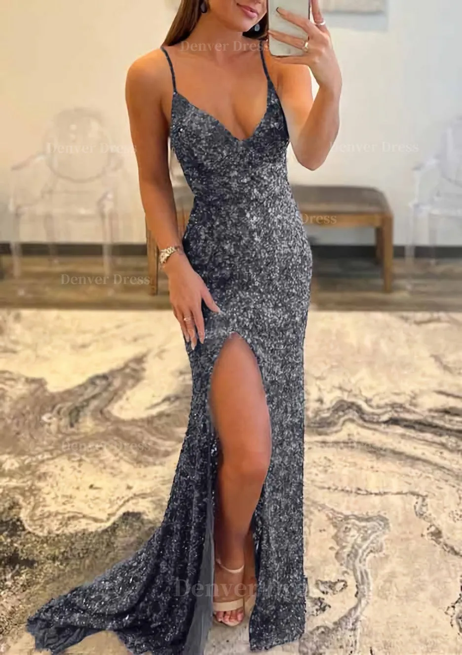Trumpet/Mermaid V Neck Sleeveless Sweep Train Allover Sparkly Sequined Prom Dress With Split
