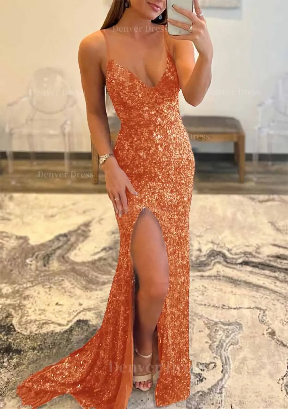 Trumpet/Mermaid V Neck Sleeveless Sweep Train Allover Sparkly Sequined Prom Dress With Split
