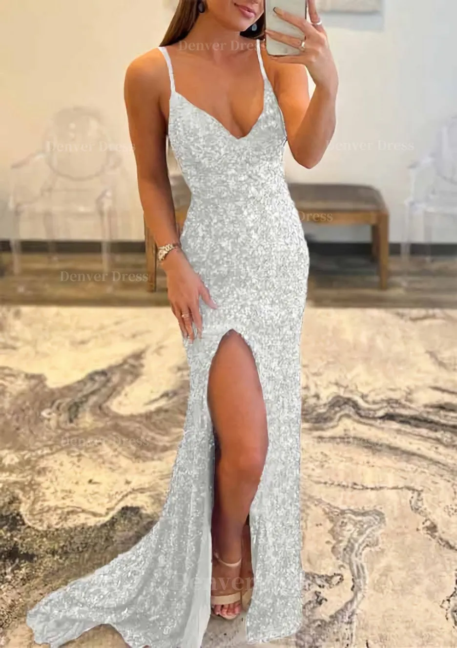 Trumpet/Mermaid V Neck Sleeveless Sweep Train Allover Sparkly Sequined Prom Dress With Split