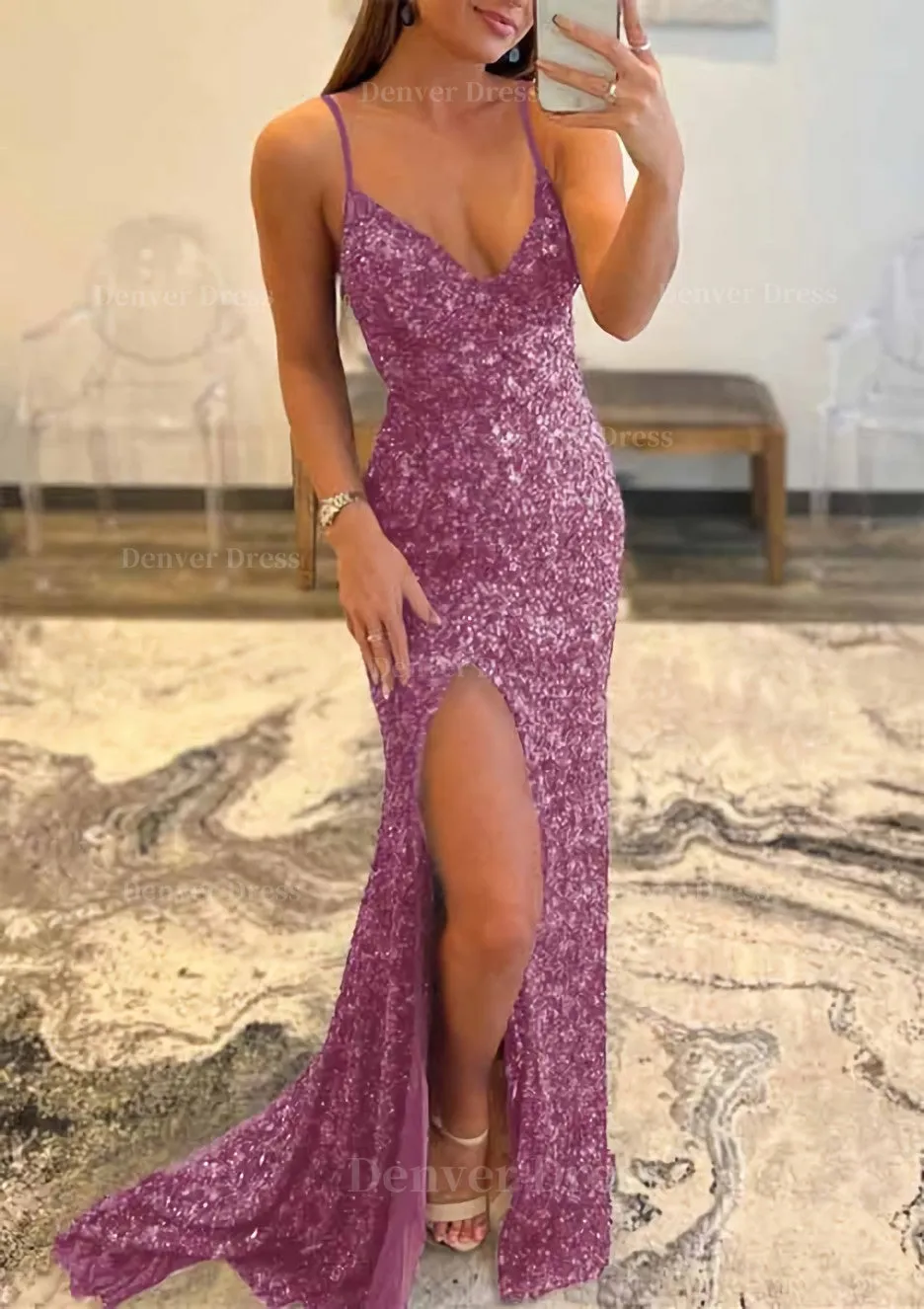 Trumpet/Mermaid V Neck Sleeveless Sweep Train Allover Sparkly Sequined Prom Dress With Split