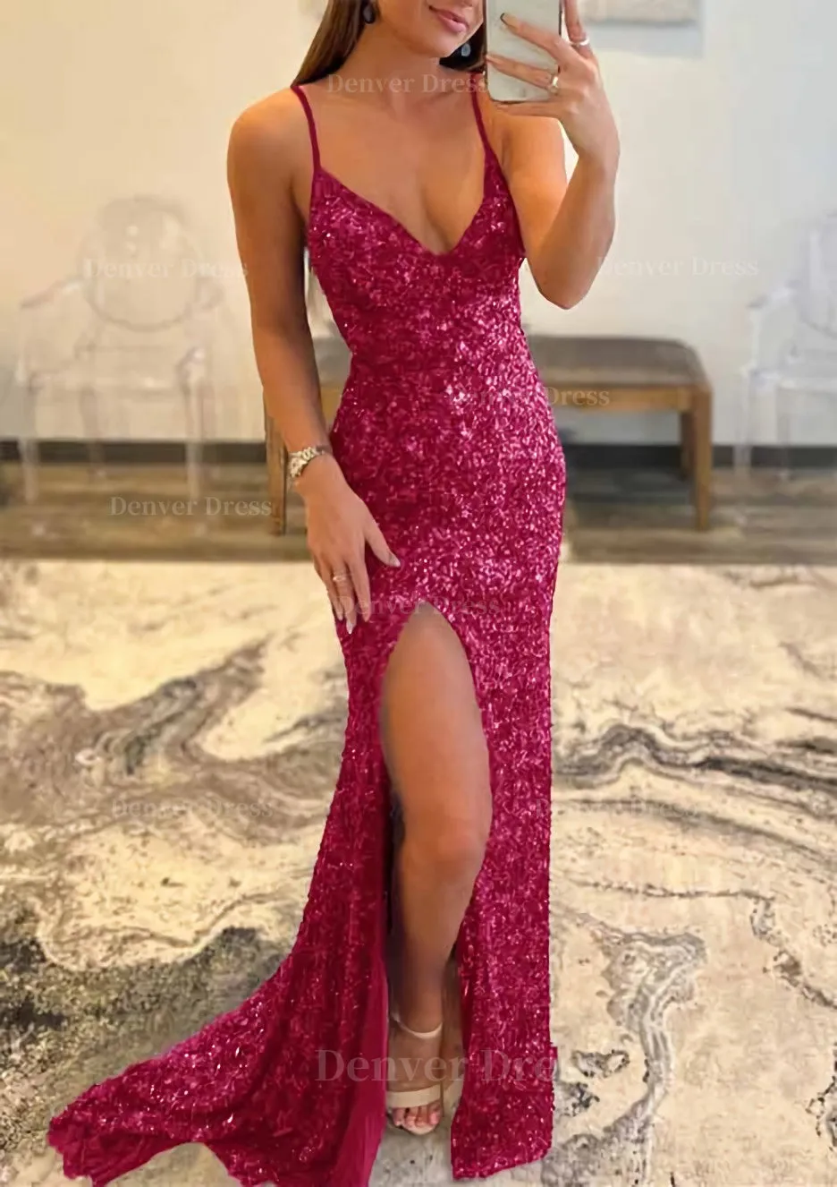 Trumpet/Mermaid V Neck Sleeveless Sweep Train Allover Sparkly Sequined Prom Dress With Split
