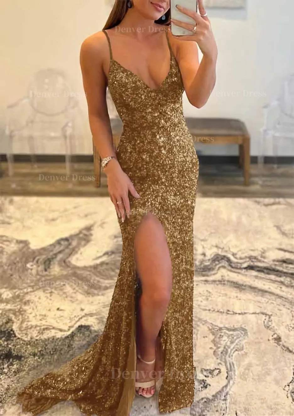 Trumpet/Mermaid V Neck Sleeveless Sweep Train Allover Sparkly Sequined Prom Dress With Split