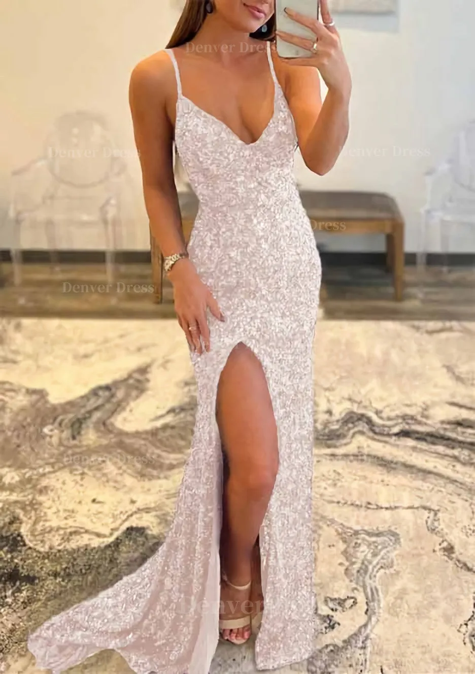 Trumpet/Mermaid V Neck Sleeveless Sweep Train Allover Sparkly Sequined Prom Dress With Split
