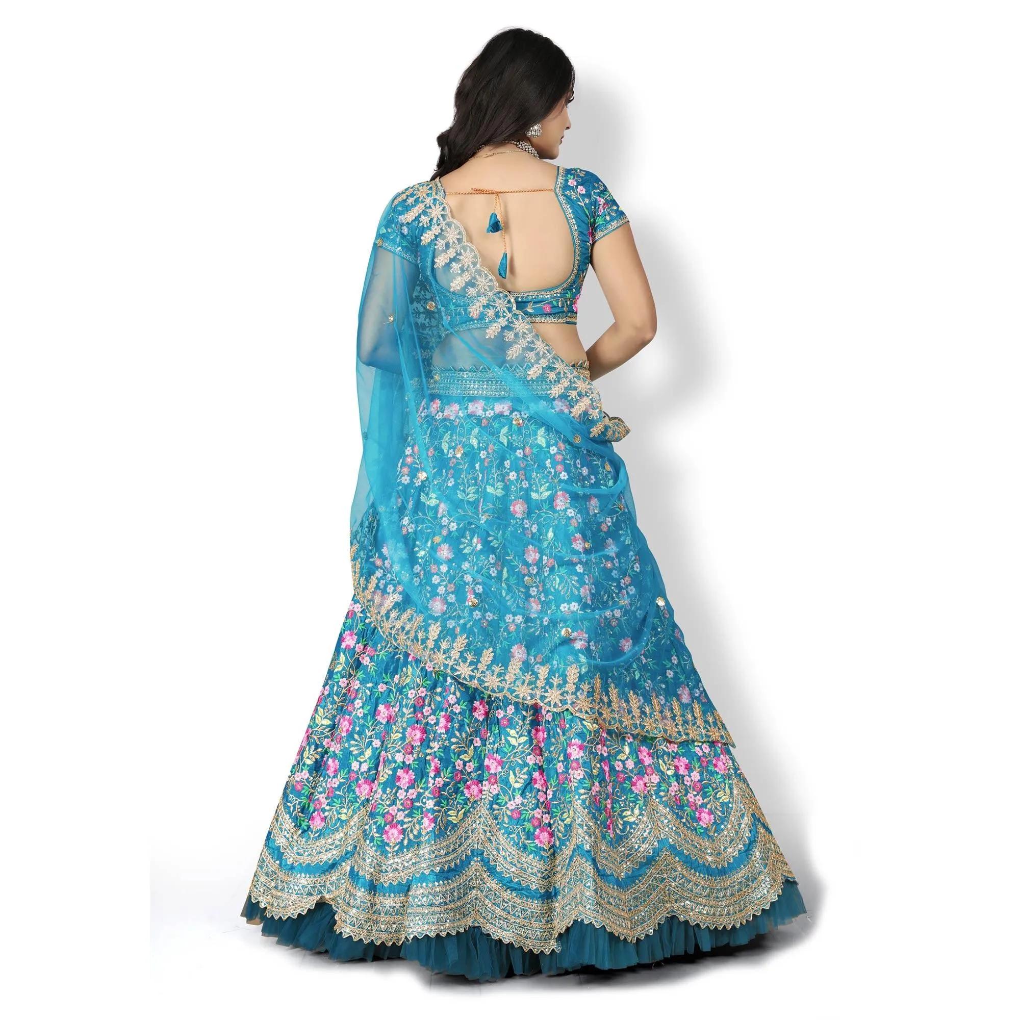 Turquoise Party Wear Sequins Embroidered Silk Lehenga Choli