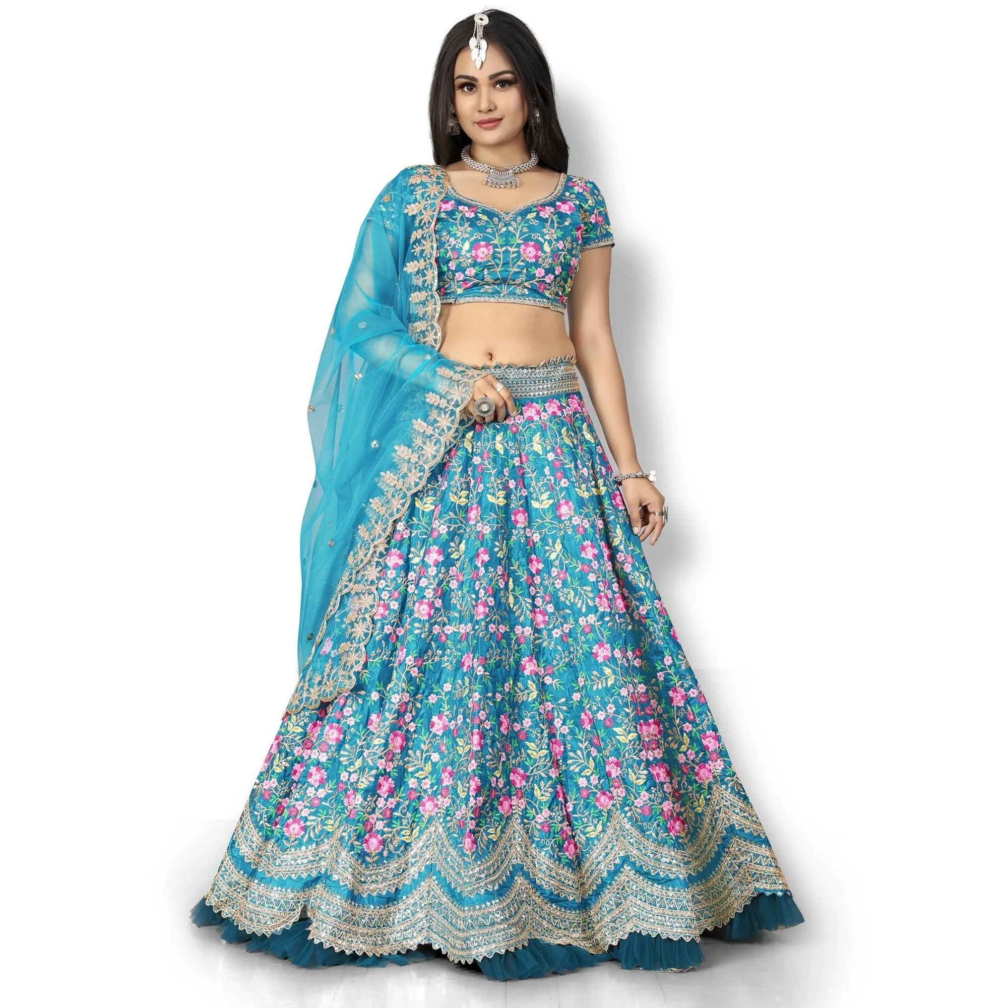 Turquoise Party Wear Sequins Embroidered Silk Lehenga Choli