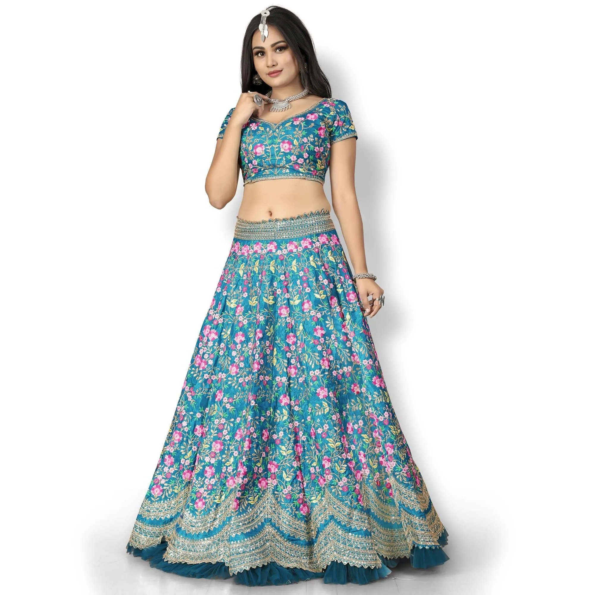 Turquoise Party Wear Sequins Embroidered Silk Lehenga Choli
