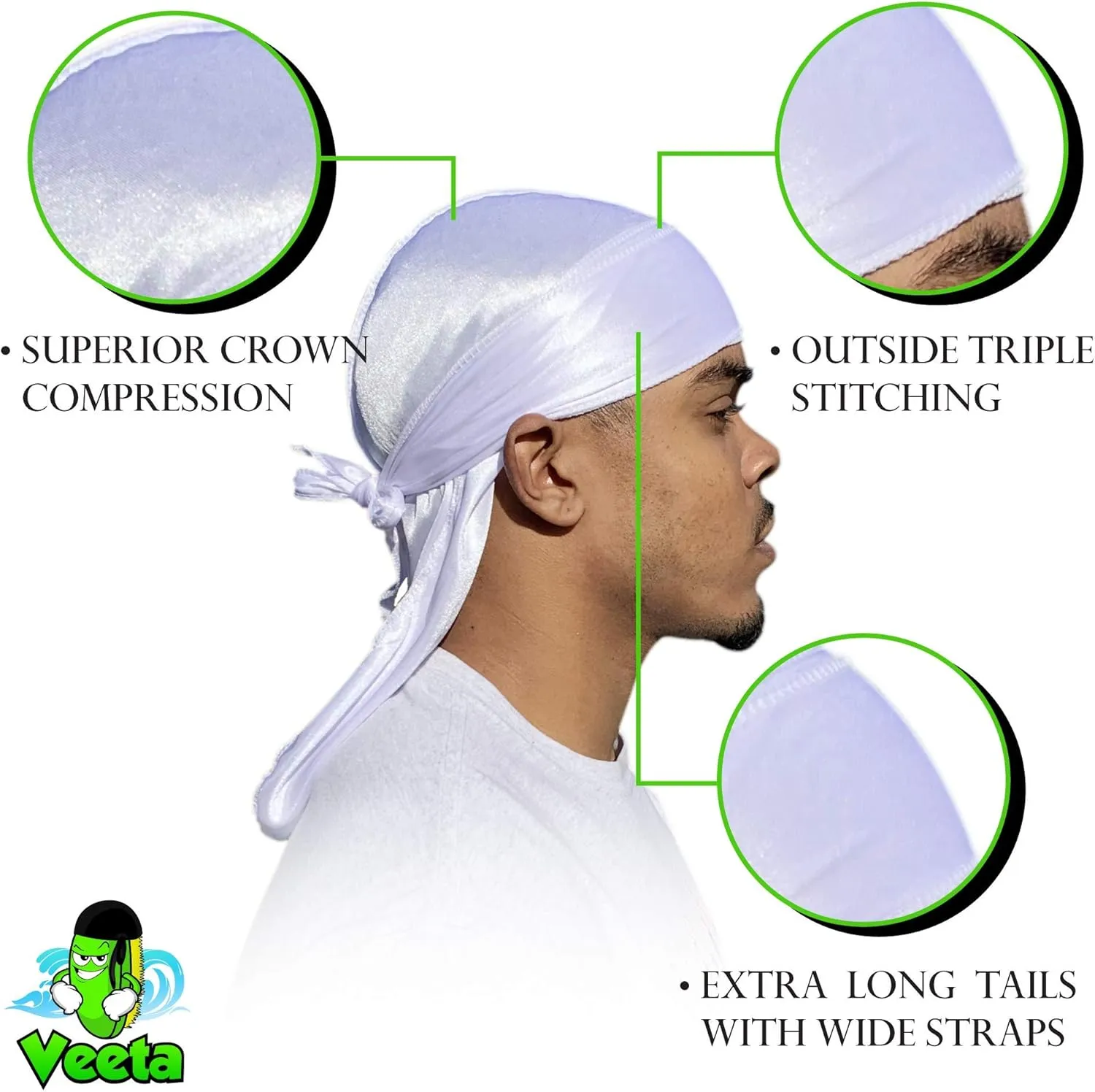 Veeta Superior Silk Durag - Smooth Silk Durag for Men & Women, Long Double Wide Straps, Outside Seam Triple Stitch Du Rag