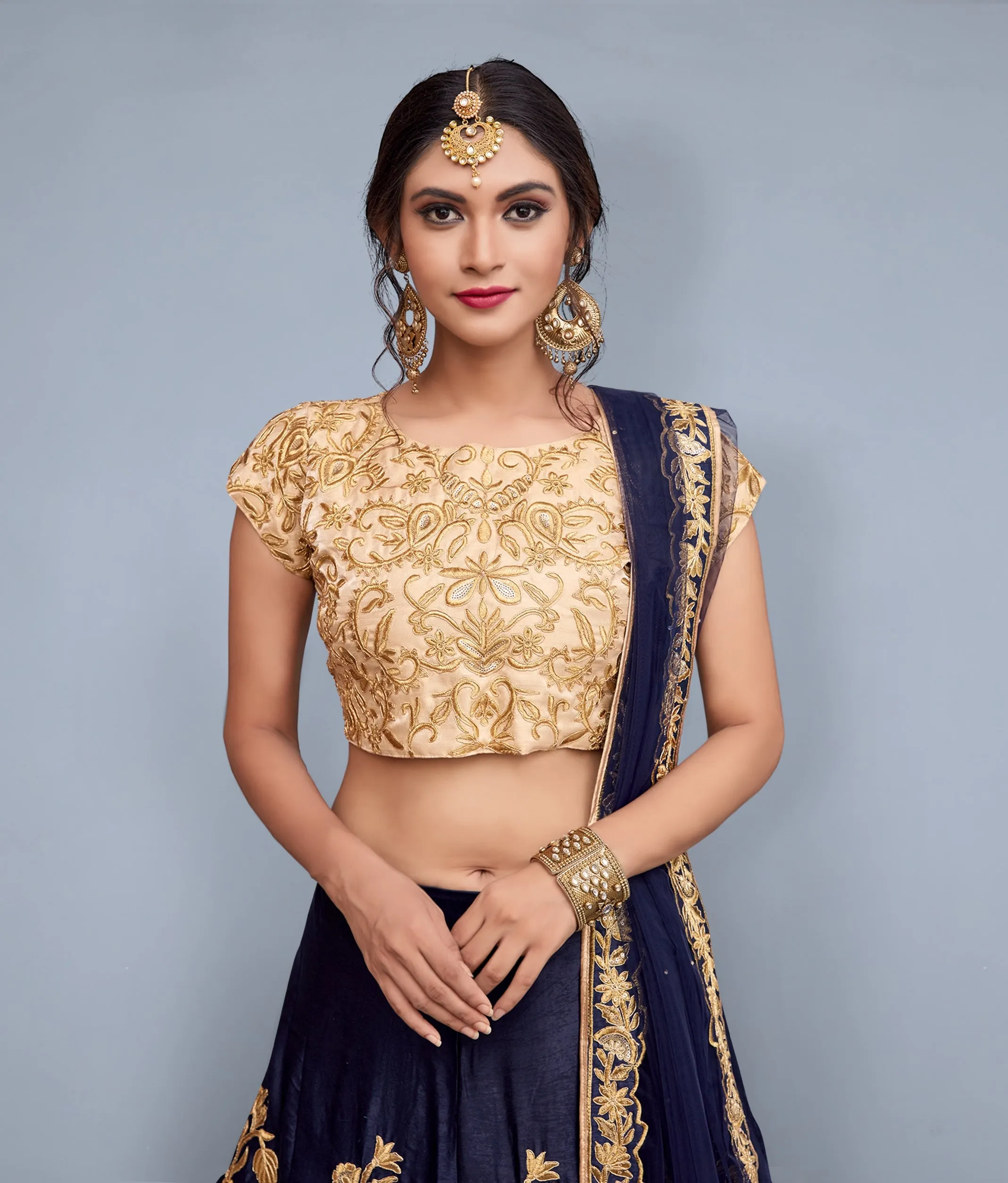 Velvet Silk Lehenga With Golden Dori Embroidery Work And Cut Work Dupatta And Golden Choli