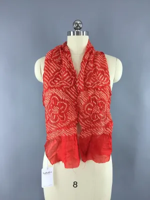 Vintage 1960s Silk Kimono Obiage Scarf in Red and White Floral Shibori