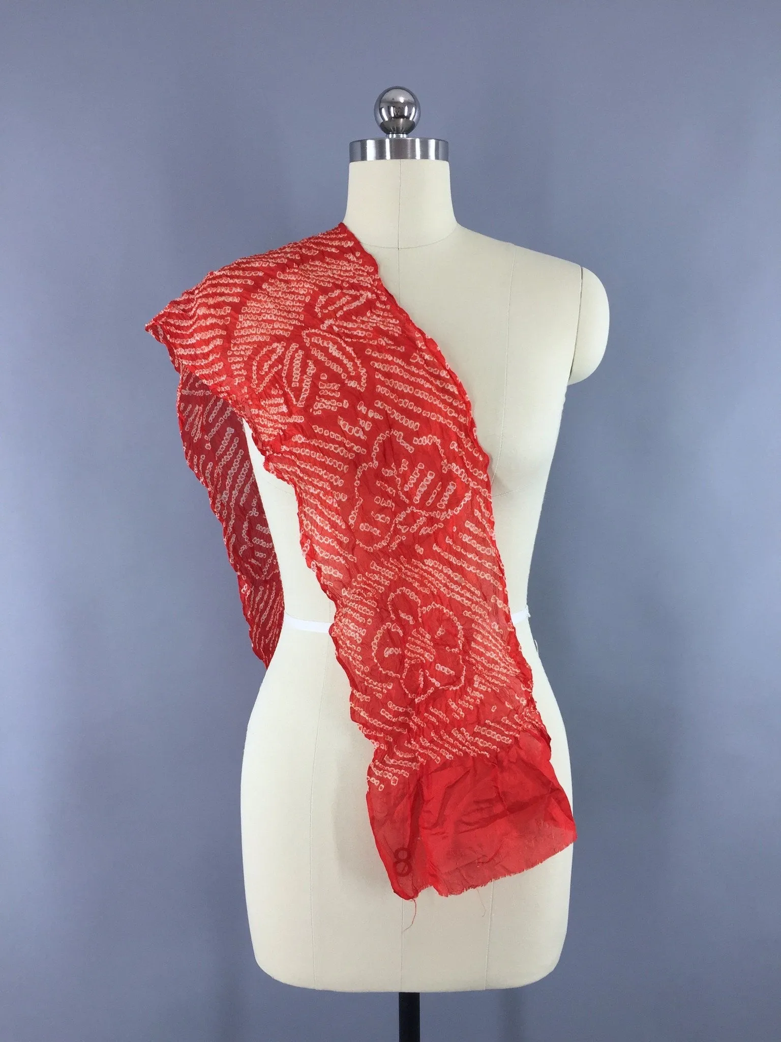 Vintage 1960s Silk Kimono Obiage Scarf in Red and White Floral Shibori