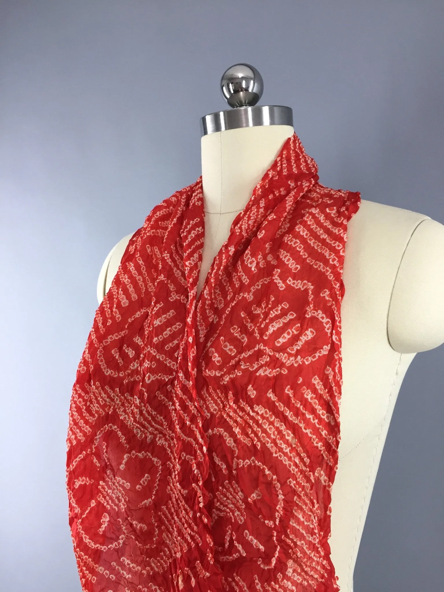 Vintage 1960s Silk Kimono Obiage Scarf in Red and White Floral Shibori