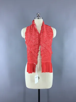Vintage 1960s Silk Kimono Obiage Scarf in Red and White Rose Floral Shibori