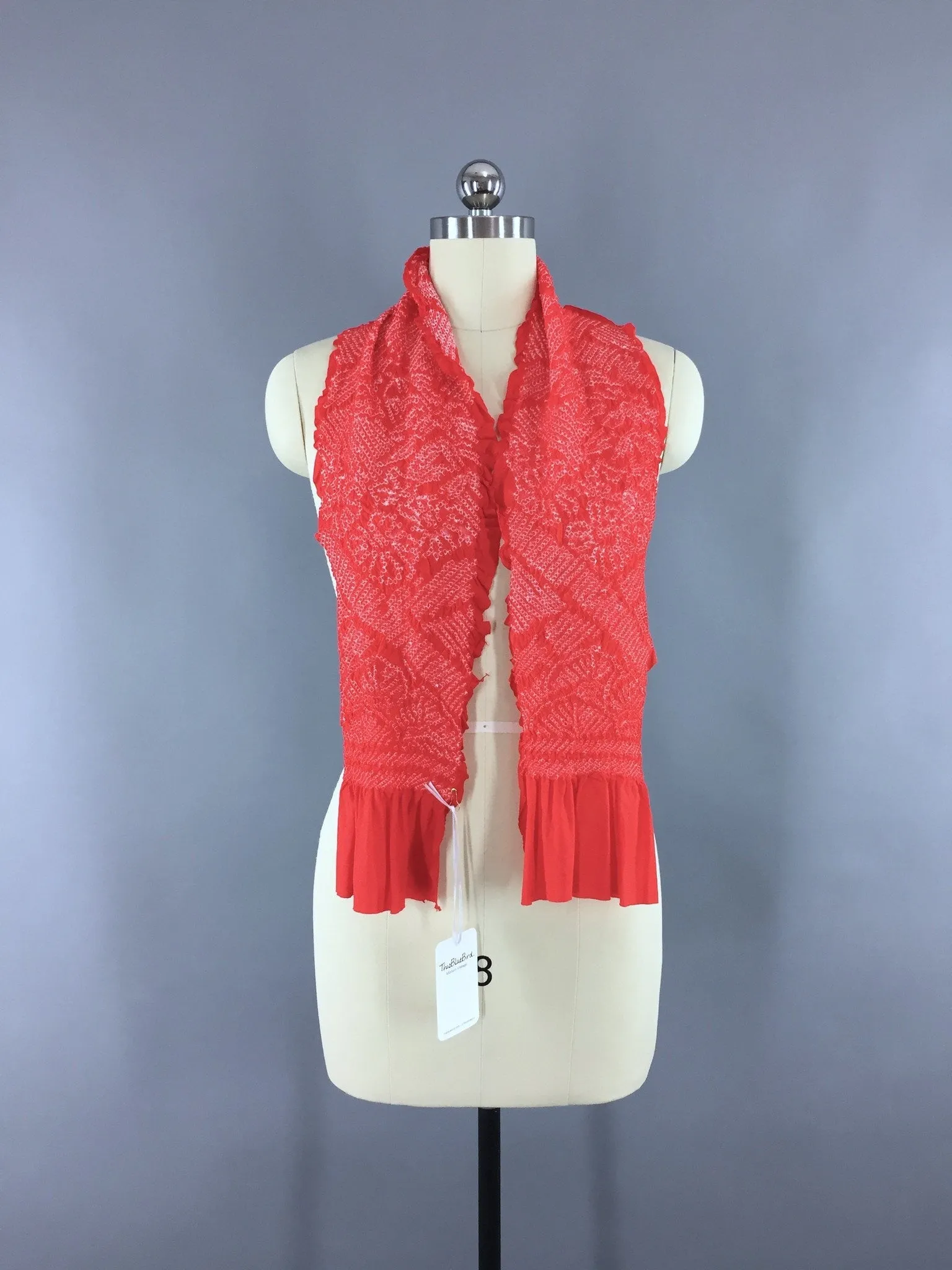 Vintage 1960s Silk Kimono Obiage Scarf in Red and White Rose Floral Shibori