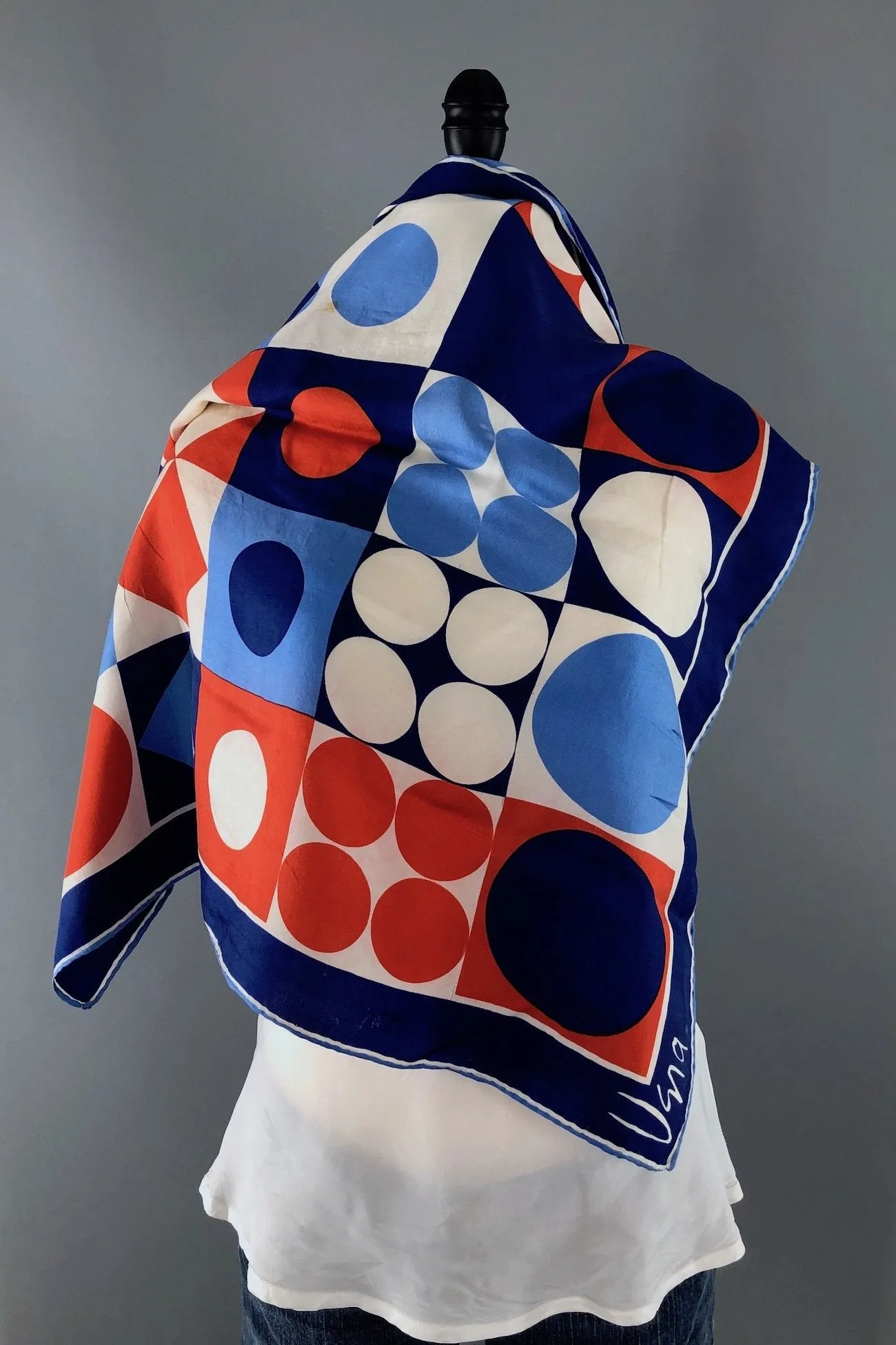 Vintage Vera Silk Scarf / Red White Blue Geometric Print