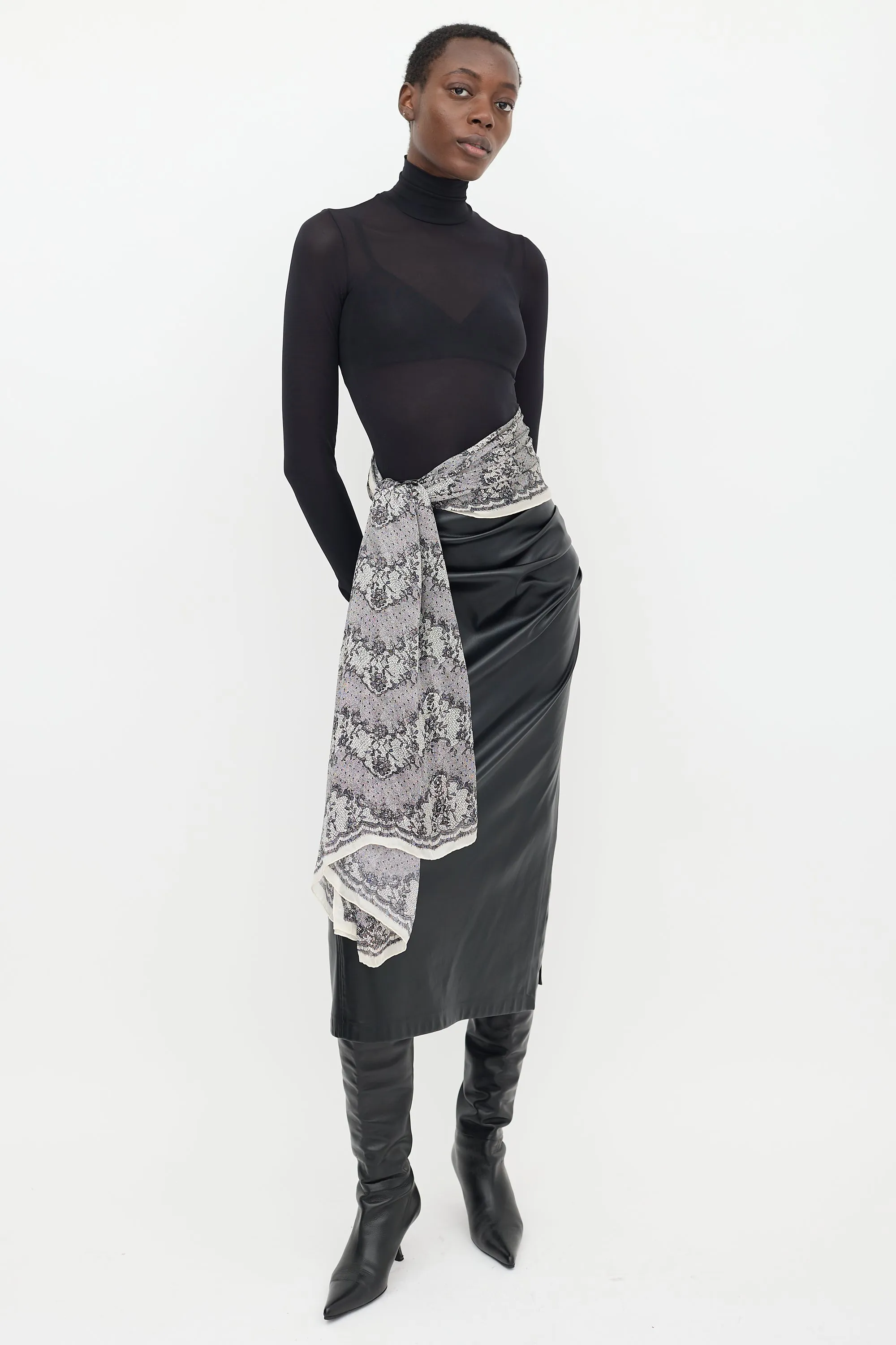 White & Black Silk Lace Scarf