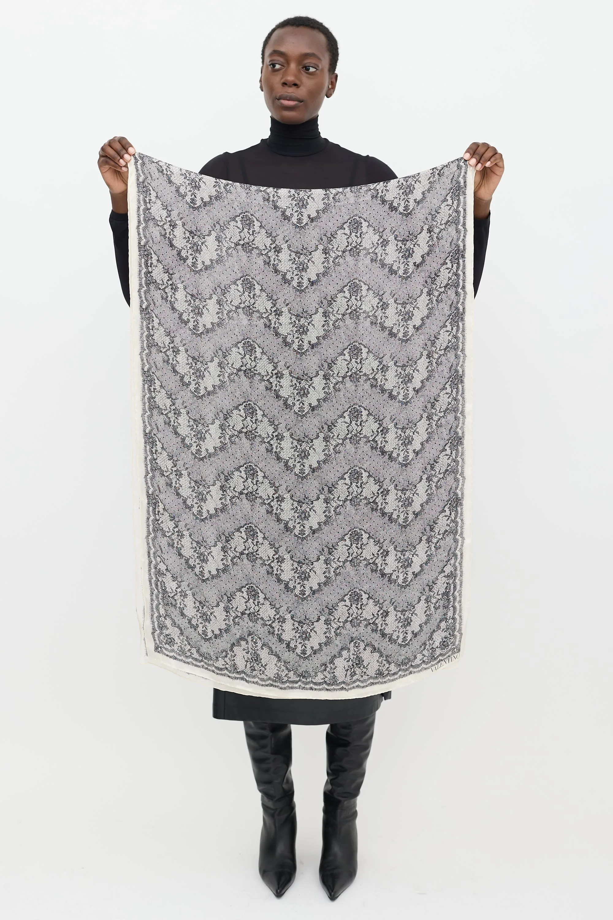 White & Black Silk Lace Scarf